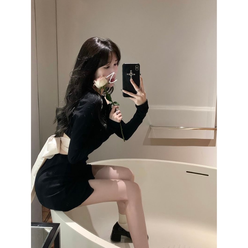 Đầm body hở vai tay dài TABISHOP Váy nữ ôm dáng hở lưng thắt nơ dự tiệc đi chơi siêu xinh