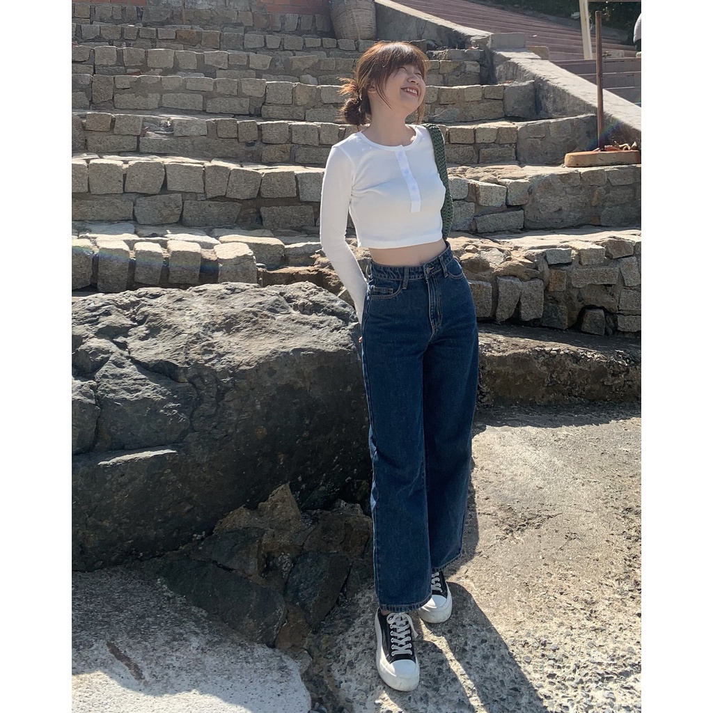 Quần Jeans Nữ Lưng Cao Ống Suông Rộng Màu Xanh Đậm LDL-103
