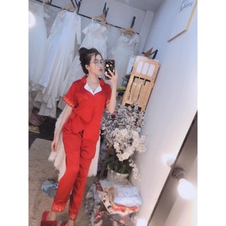 Bộ lụa satin áo cộc quần dài phối ren 2019