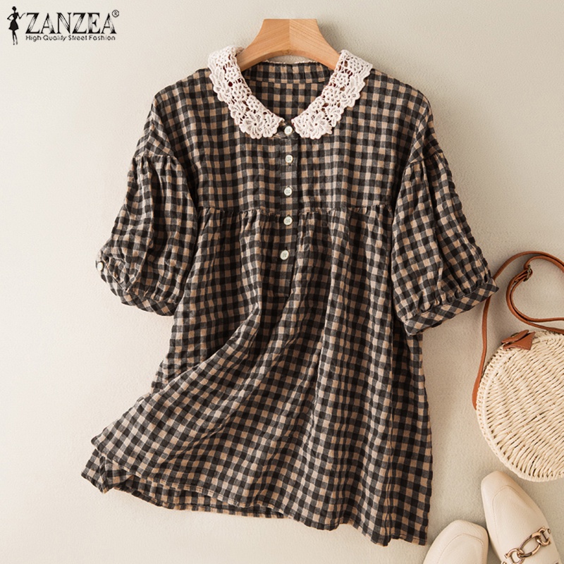 Áo sơ mi ZANZEA tay ngắn phối ren họa tiết sọc caro thời trang cho nữ