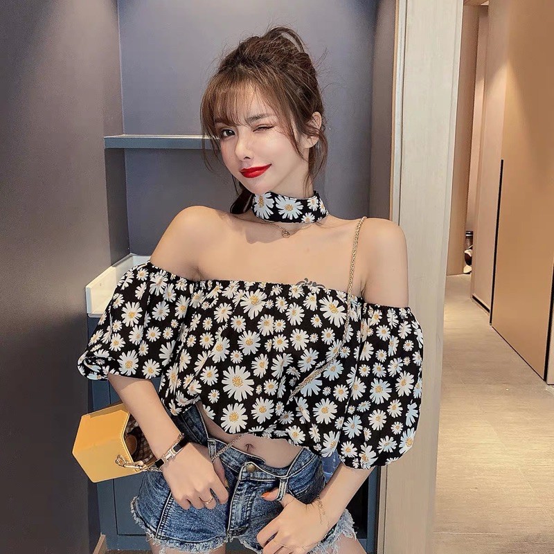 Áo hoa cúc daisy bẹt vai tay lỡ + choker phong cách ulzzang