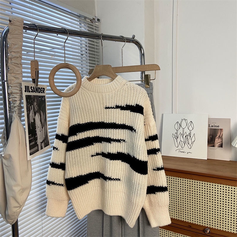 Áo Len Dài Tay Form Rộng Màu Sắc Tương Phản Thời Trang Dành Cho Nữ