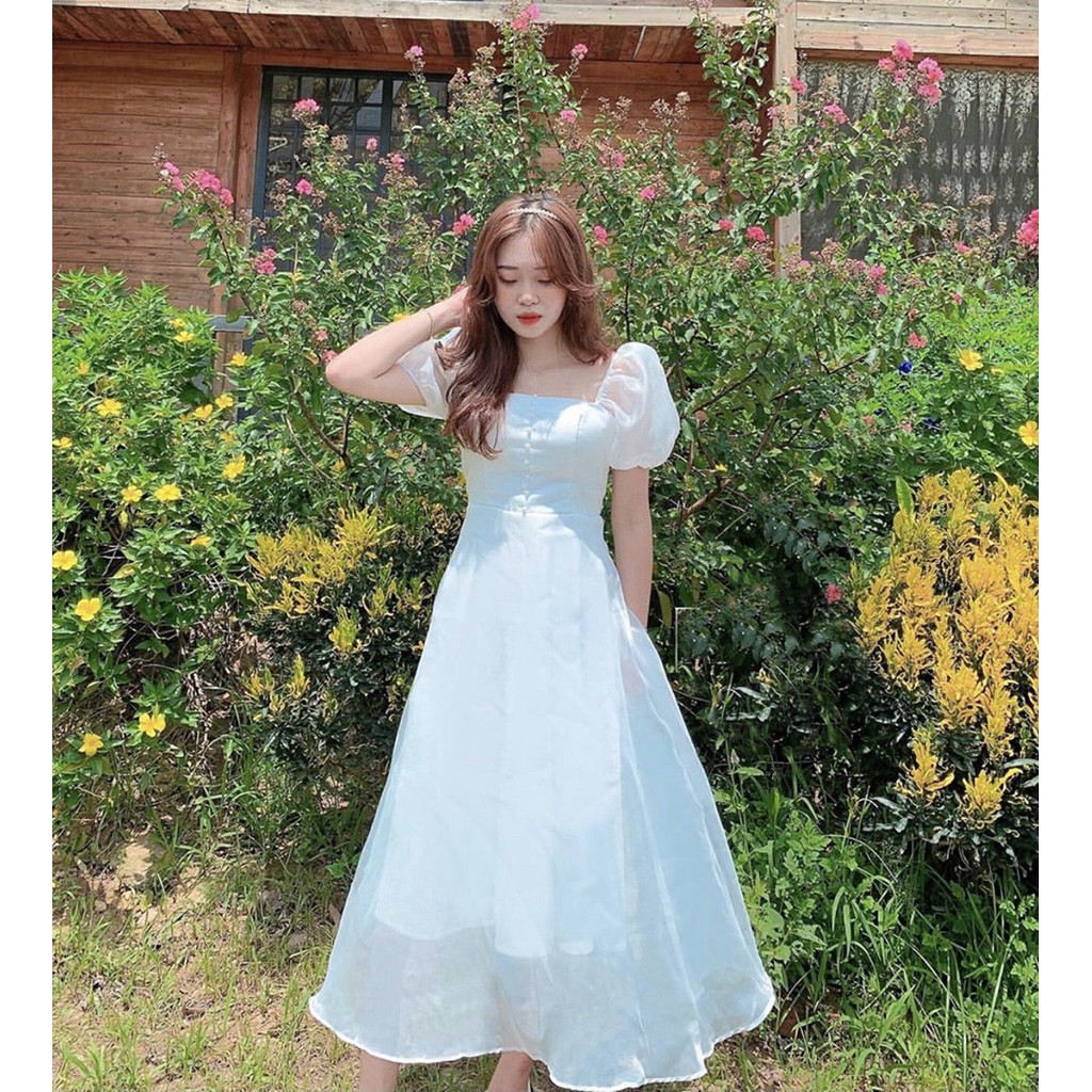 Đầm dự tiệc cao cấp tôn dáng trắng tay phồng cổ vuông | BigBuy360 - bigbuy360.vn