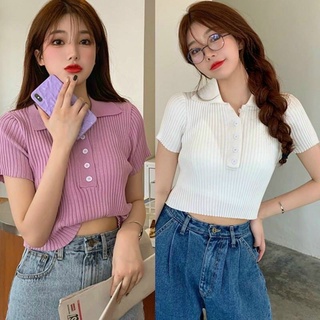 Áo croptop cổ polo nút cài Áo kiểu dáng ngắn tay bo chun 2 cúc cài cách điệu