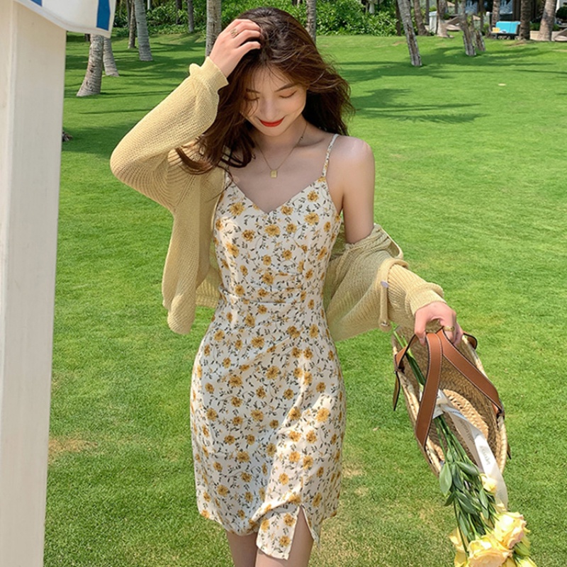 Đầm hai dây PERTY họa tiết hoa vàng phong cách Hàn Quốc thời trang mùa hè cho nữ