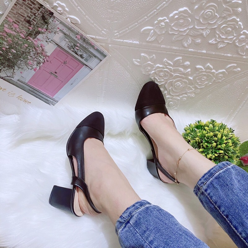 Giày Sandal vá mũi da lộn cao gót 5-7p chà nel công sở thanh lịch