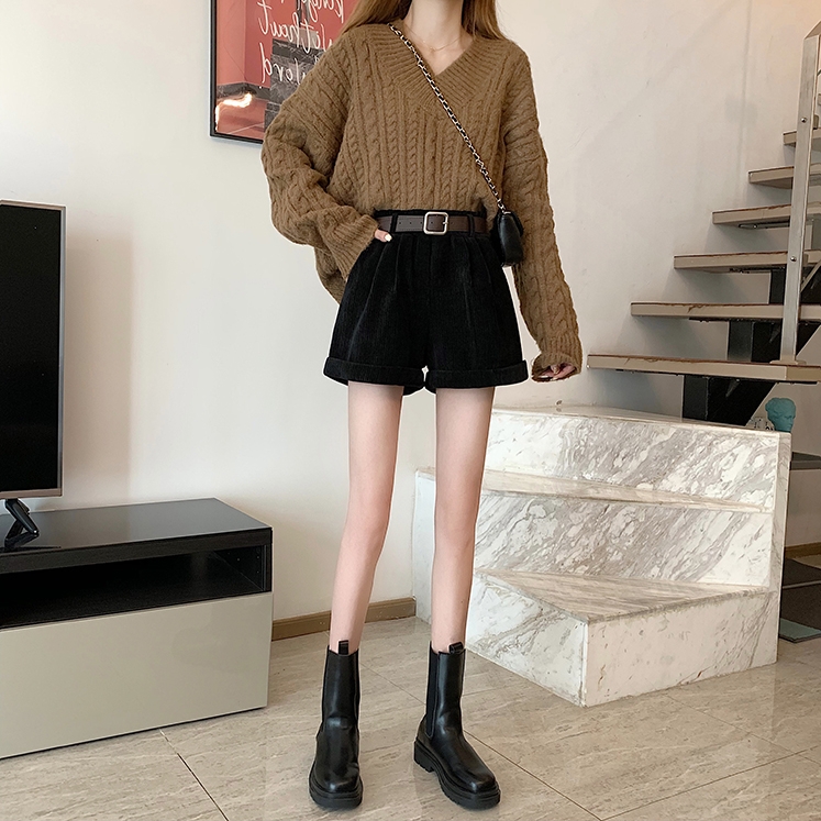 Quần Ngắn Nhung Eo Cao Ống Rộng Thời Trang Thu Đông Cho Nữ