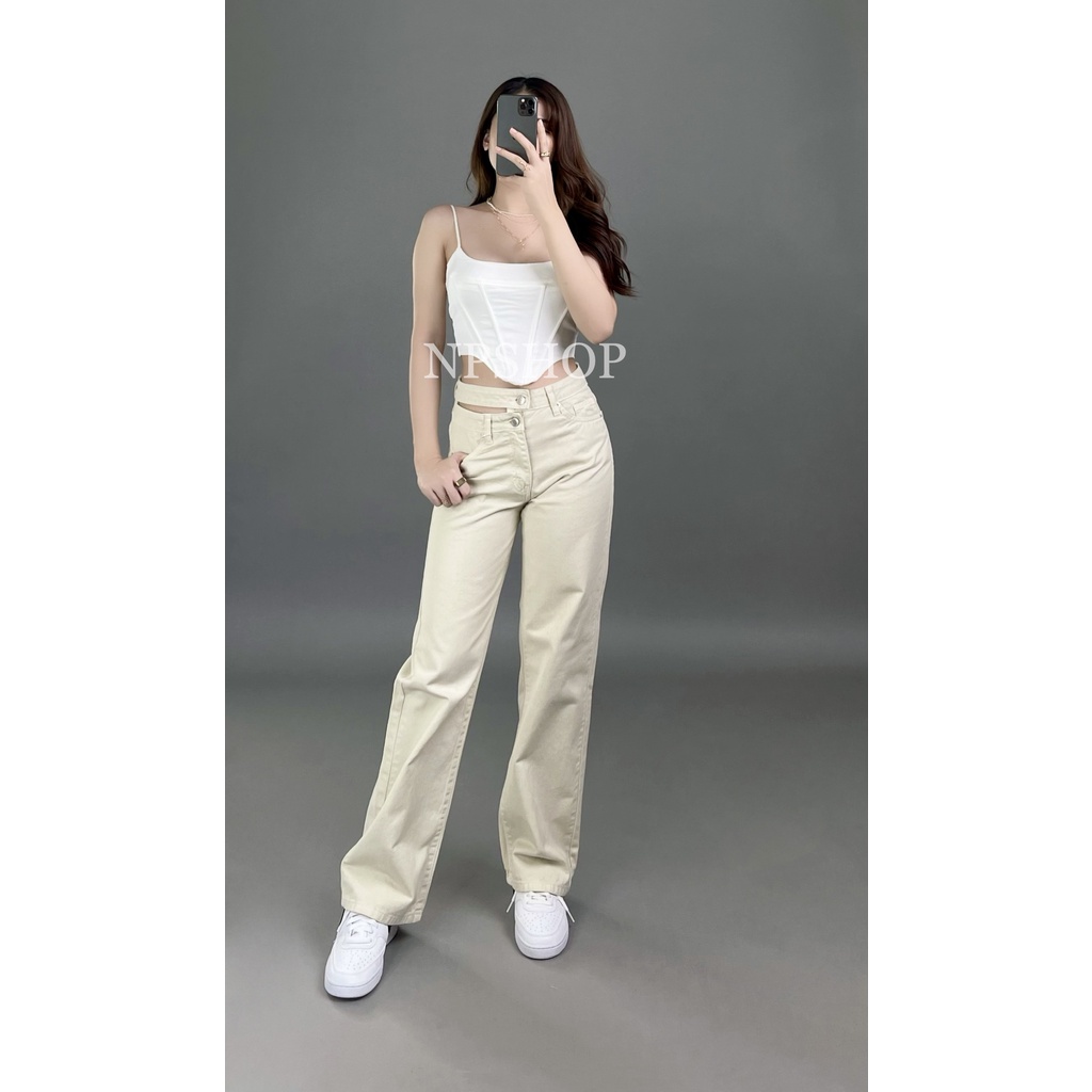 Quần jean nữ ống rộng dáng dài lưng cao kiểu 2 nút NPQ053