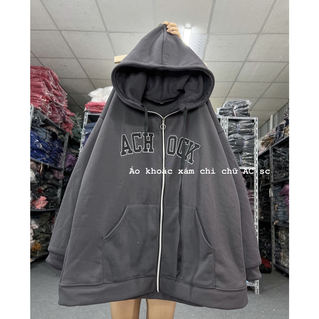 Áo khoác hoodie nam nữ xám chữ AC,chất dày nặn,cầm nặng tay,Form rộng,mũ 2 lớp xịn đét
