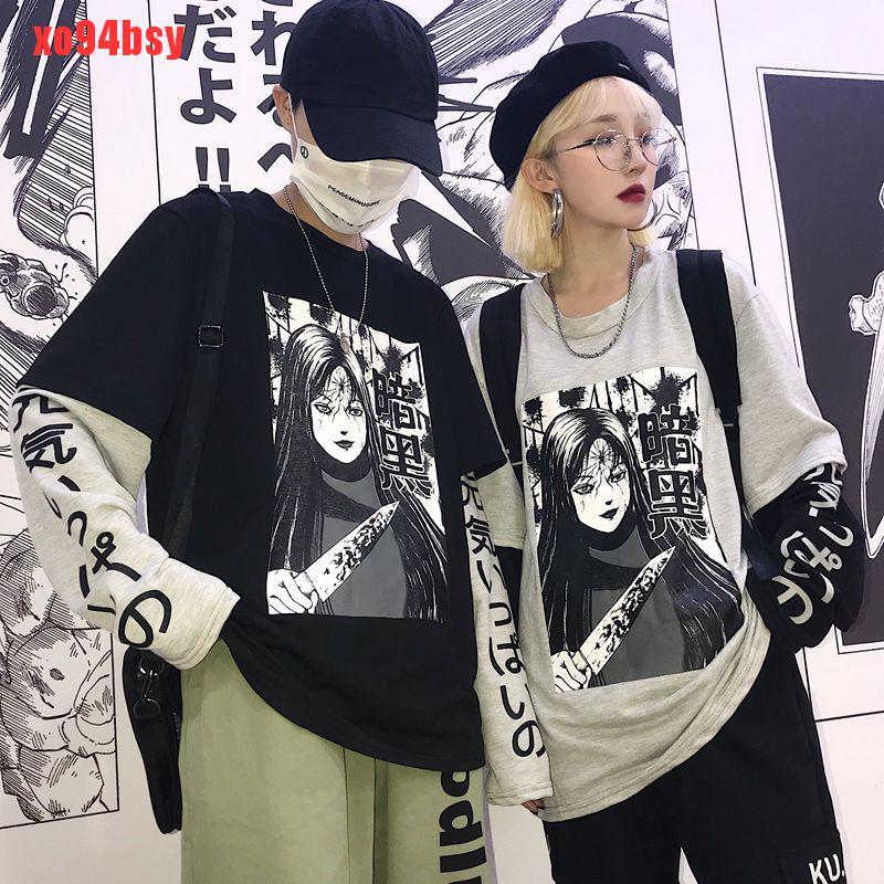 [xo94bsy]Harajuku Japanese Anime Print Women Sweatshirt Fake 2 Pieces Loose Streetwear
