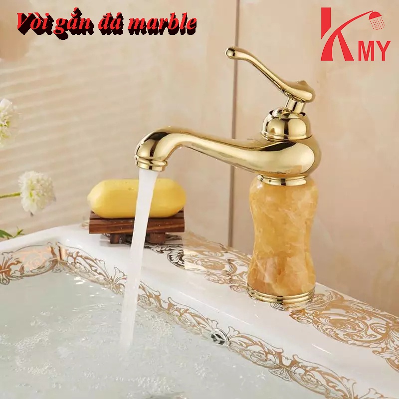 Vòi Lavabo vàng gắn đá marble sang trọng, siêu bền KMY (SL-038)