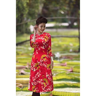 Có size 4XL Áo Dài Cách Tân cổ tròn in họa tiết hoa mai và cánh quạt mùa xuân .