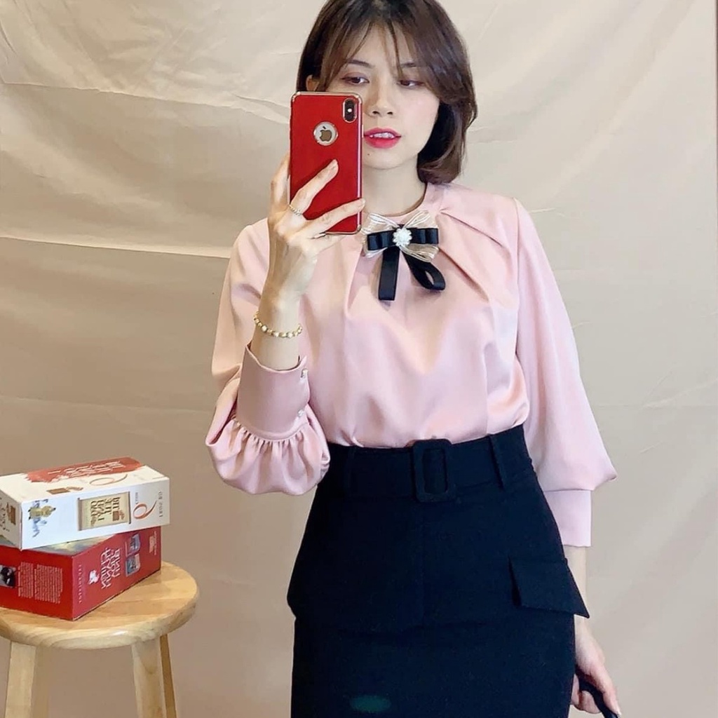 Áo sơ mi nữ lụa gắng nơ trước cổ thiết kế phù hợp Sơ Mi công sở, áo sơ mi sinh viên A9