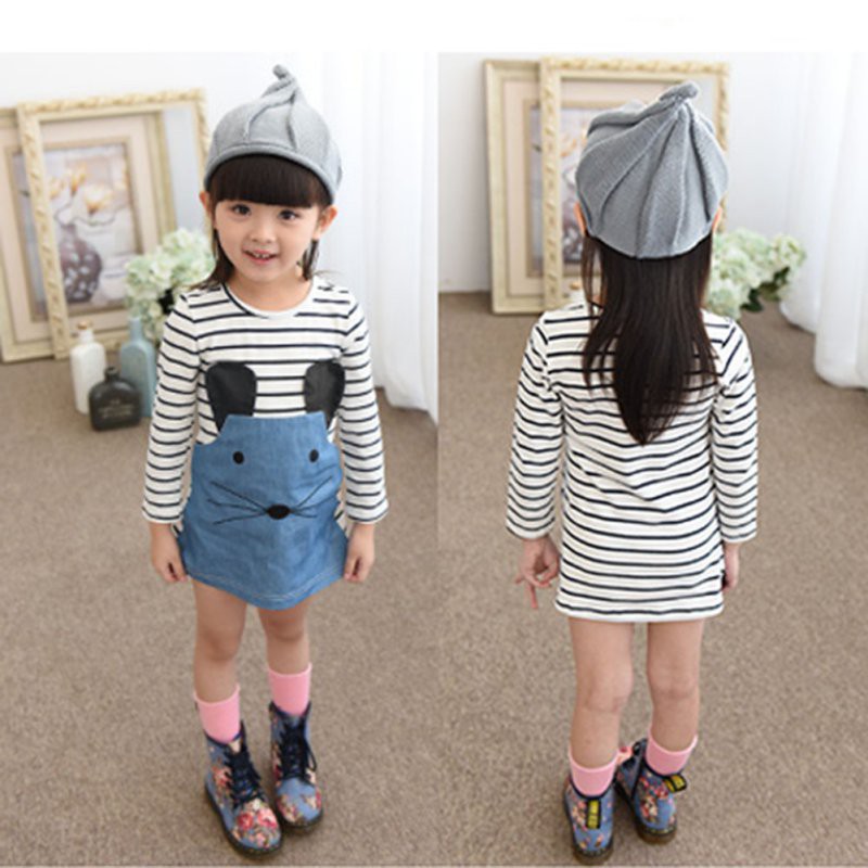 Đầm dài tay kẻ sọc phối jean denim cho bé gái (1-6 tuổi)