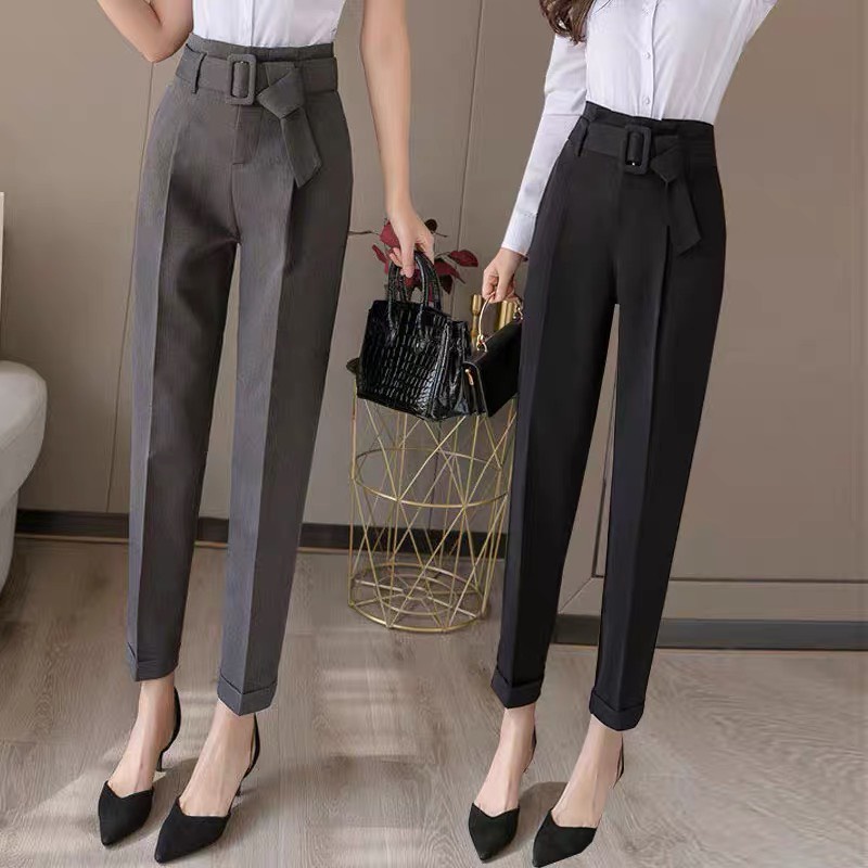 Quần vải nữ chất RU.BY cạp liền kèm đai, quần tây baggy cạp cao đi học đi làm bảng màu đẹp-mã quần thắt lưng