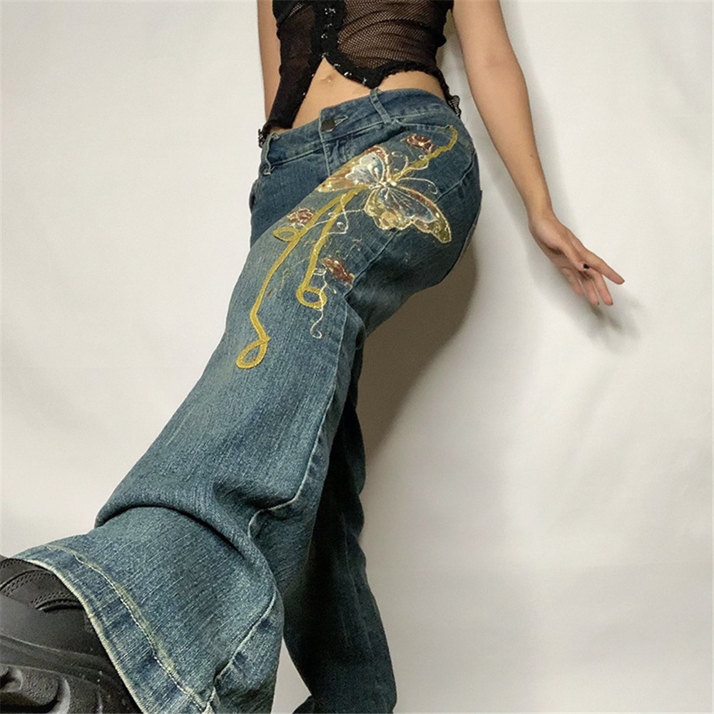 Quần Jeans Baggy Y2K Lưng Thấp Có Túi In Họa Tiết Bướm Retro Cho Nữ