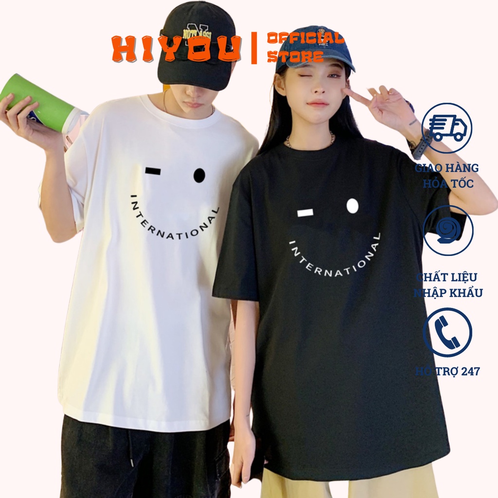Áo thun đôi nam nữ tay lỡ vải cotton, áo phông đôi in hình smile