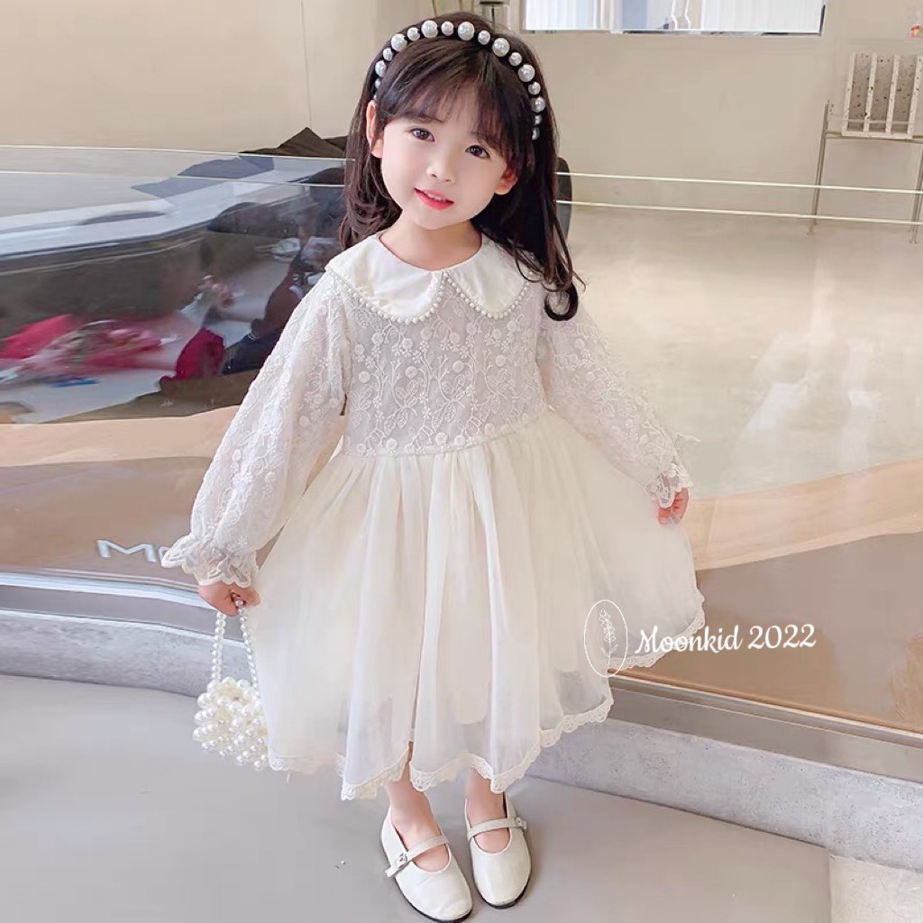 Váy cho bé gái công chúa dài tay khóa kéo lưng ren quảng châu cao cấp từ 8-20kg
