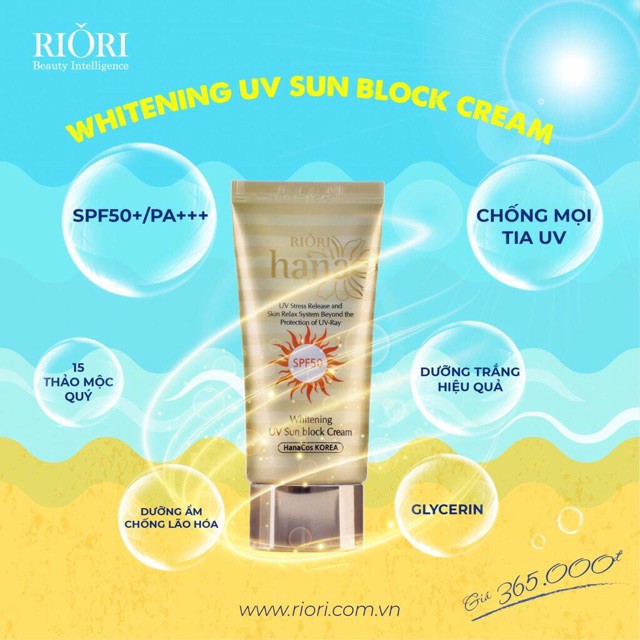 Kem Chống Nắng Nâng Tone Da Dành Cho Da Dầu Mụn RIORI Whitening UV Sun Block Cream SPF 50+/PA+++ 50g