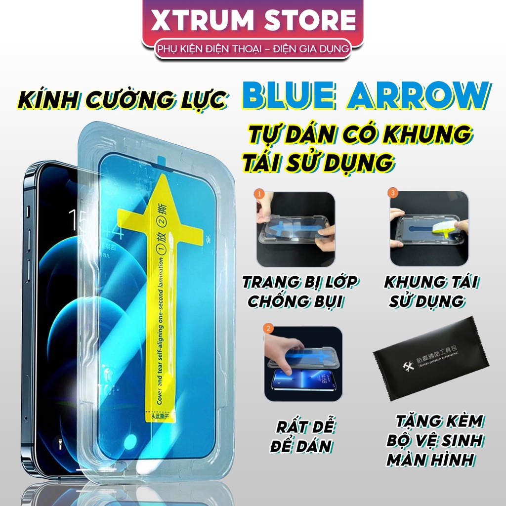 Kính cường lực 9D BLUE ARROW full màn hình khung tự dán độ cứng 9H cho iphone X -13 Promax bẻ cong quá là vỡ