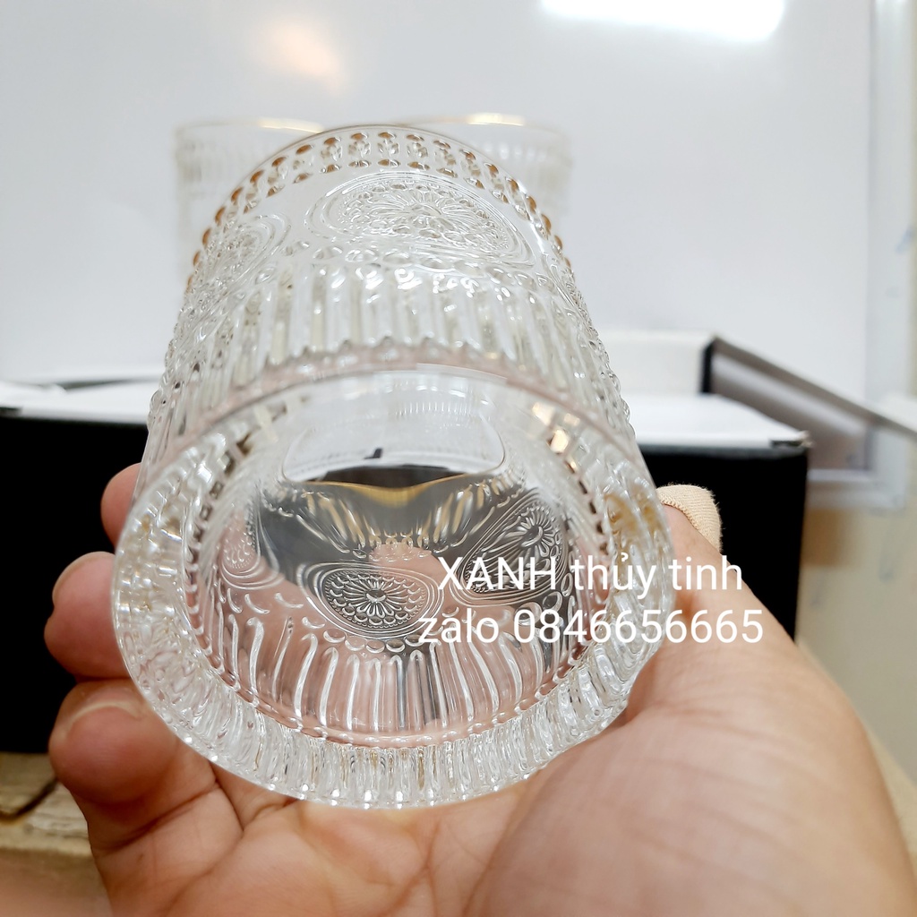 Cốc thủy tinh họa tiết Mặt trời (RETRO) sang trọng, cổ điển viền vàng 300ml - 365ml (1 chiếc)