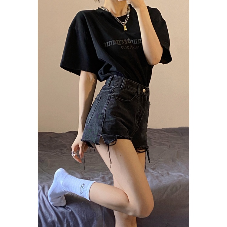 Áo thun tay ngắn cổ tròn dáng rộng in chữ trước và sau phong cách harajuku thời trang Hàn Quốc cho nữ