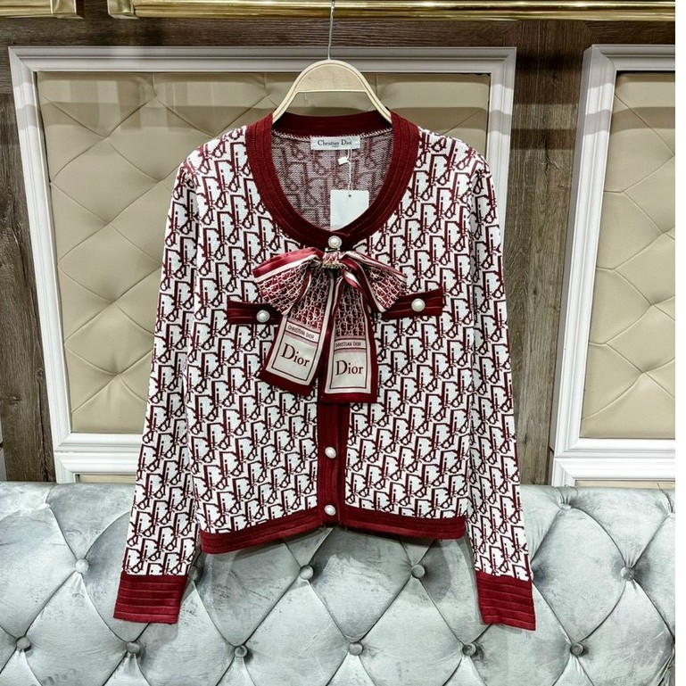 Áo khoác Cardigan họa tiết kèm nơ Quảng Châu cao cấp, Cardigan len dày dặn nút ngọc thương hiệu thời trang D&amp;R L032