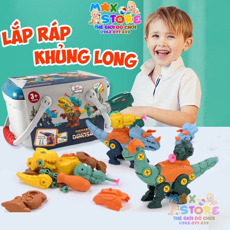 [ MẪU MỚI ] Bộ Đồ Chơi Lắp Ráp 3 Chú Khủng Long Kèm Hộp Nhựa Có Máy Vặn Vít