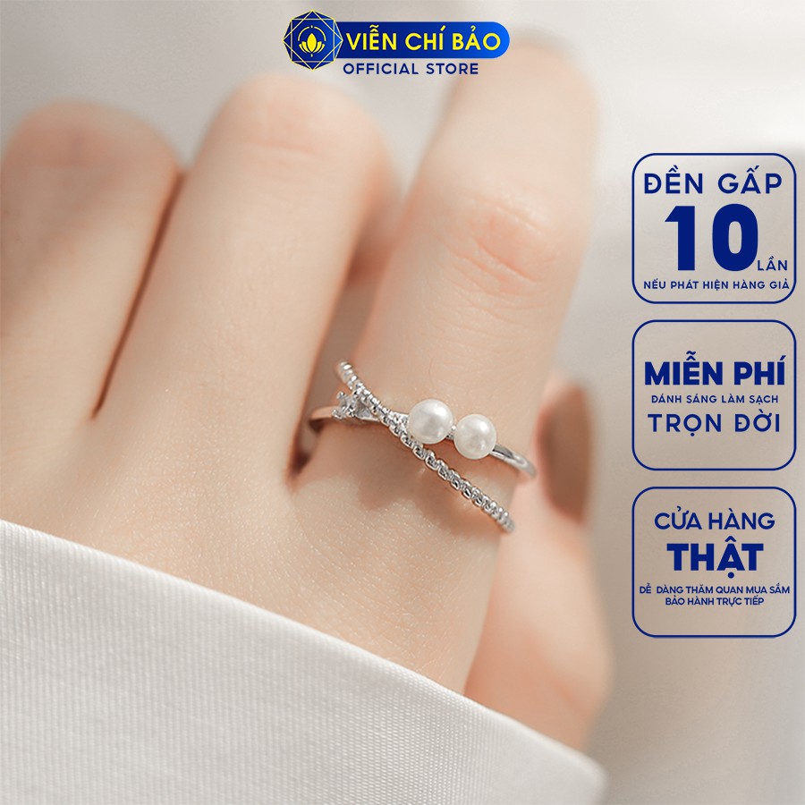 Nhẫn bạc nữ chéo chữ X cách điệu đính hạt châu bạc 925 thời trang phụ kiện trang sức nữ Viễn Chí Bảo N400569