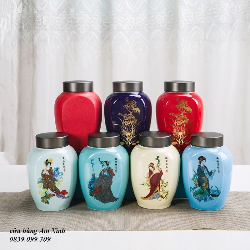 Hũ, Bình đựng trà bằng sứ có nắp vặn ren siêu khít 700 ml (nắp 02 lớp)