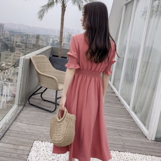 Đầm váy hồng ruốc thun eo (kèm hình thật)