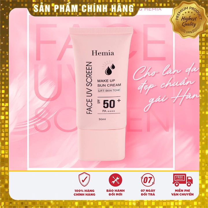 [Chính Hãng] kem chống nắng HEMIA 50ml dưỡng trắng nâng tone SPF50+ tự nhiên, Thấm mướt nhanh, mịn màng Hàn Quốc