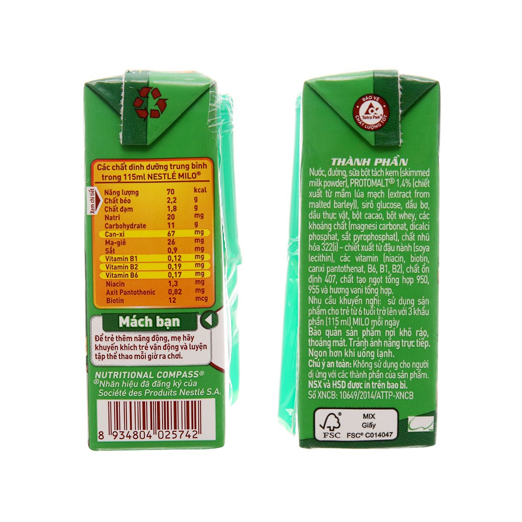 Lốc 4 Hộp 115ml Sữa MiLo Nestlé