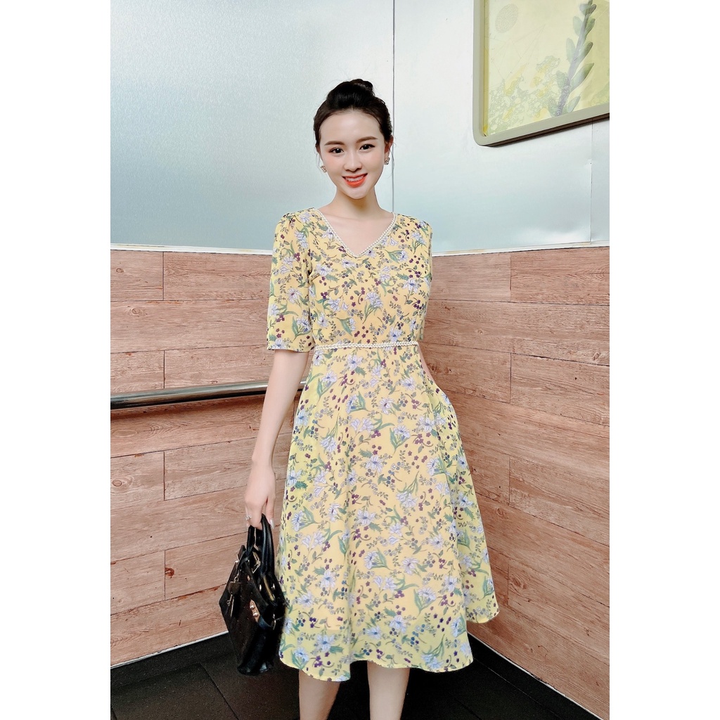 ĐẦM VOAN HOA CỔ LỆCH PHỐI VIỀN– M07