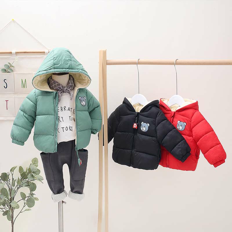 Áo phao gấu lót lông 5 lớp có mũ siêu yêu cho bé trai bé gái 7-18kg