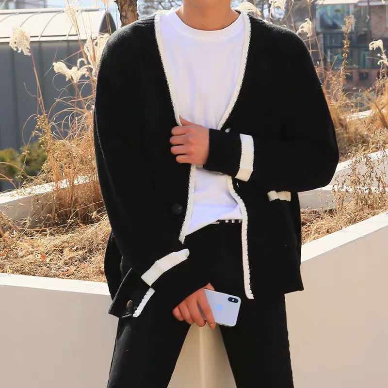 [ Ảnh thật ] {Deal sốc }  Áo Cardigan màu đen sọc trắng vải len mịn thích hợp cho thu đông hot trend 2021
