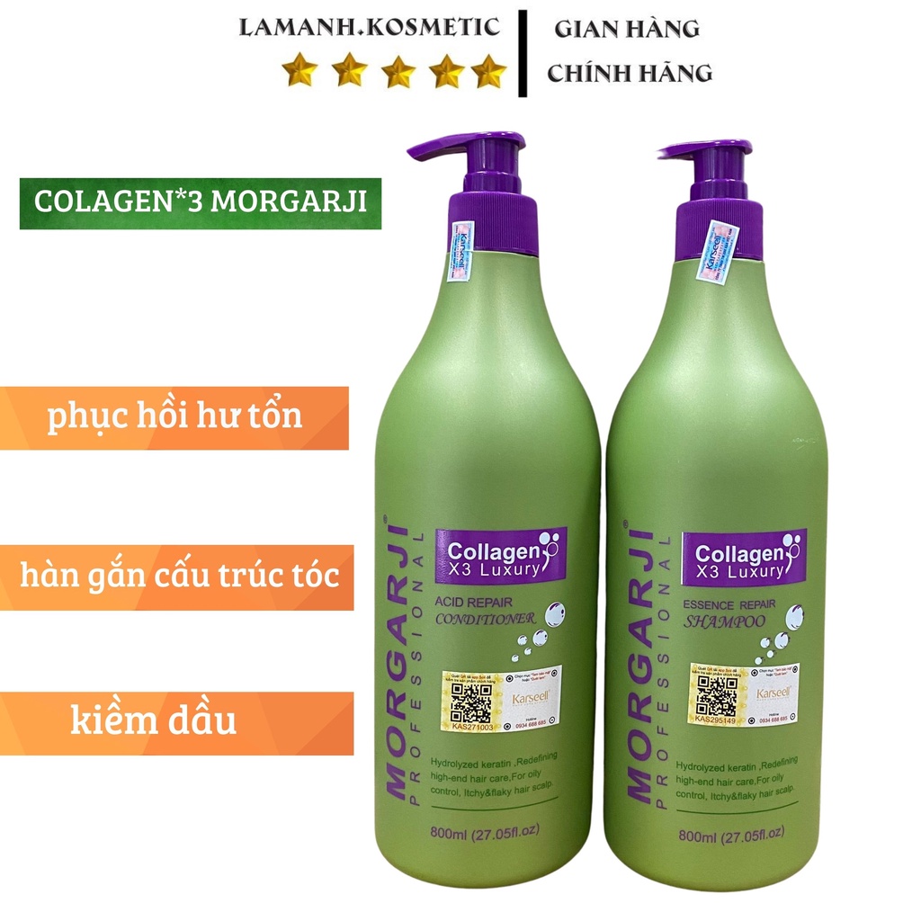 Dầu Gội Xả Colagen Phục Hồi Tóc Hư Tổn Siêu Mượt Hương Thơm Hoa Quả , Dầu Gội COLAGEN*3 MORGARJI 800ML*2