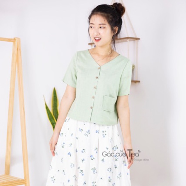 Áo kiểu xinh, áo dáng crop top vải LINEN cổ tim (có sẵn) - Gác của Tea