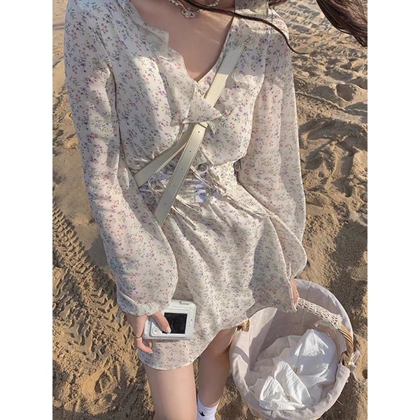 Váy hoa nhí tay chun có đai buộc dây