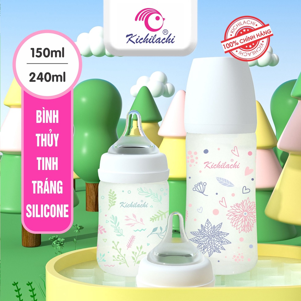 Bình Sữa Cho Bé Kichilachi,chất Liệu Thủy Tinh Tráng Silicon Siêu Nhẹ 150ml/240ml