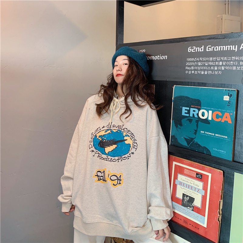 SUXI Áo Hoodie Tay Dài Dáng Rộng In Họa Tiết Thời Trang Hàn Quốc Cho Cặp Đôi