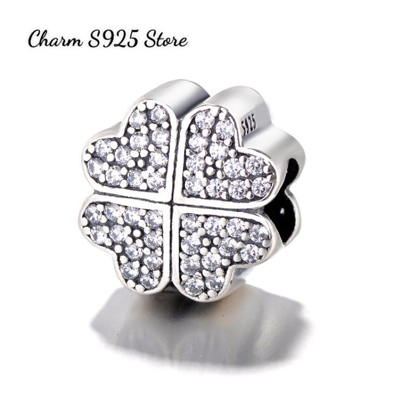 charm pan hoa cỏ 4 lá trắng đính đá nhỏ bạc s925 cao cấp