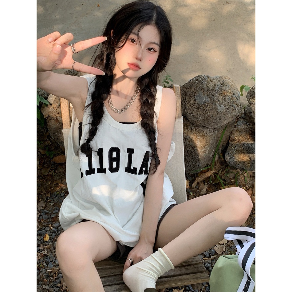 Áo Thun Sát Nách Dáng Rộng Thêu Họa Tiết Phong Cách Retro Mỹ Thời Trang Cho Nữ