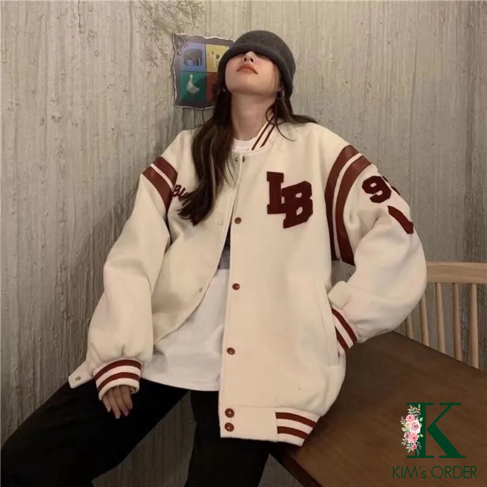 Áo khoác nỉ bóng chày bomber nam nữ unisex màu trắng cổ tròn dài tay cổ tròn có cúc phong cách Ulzzang Hàn Quốc