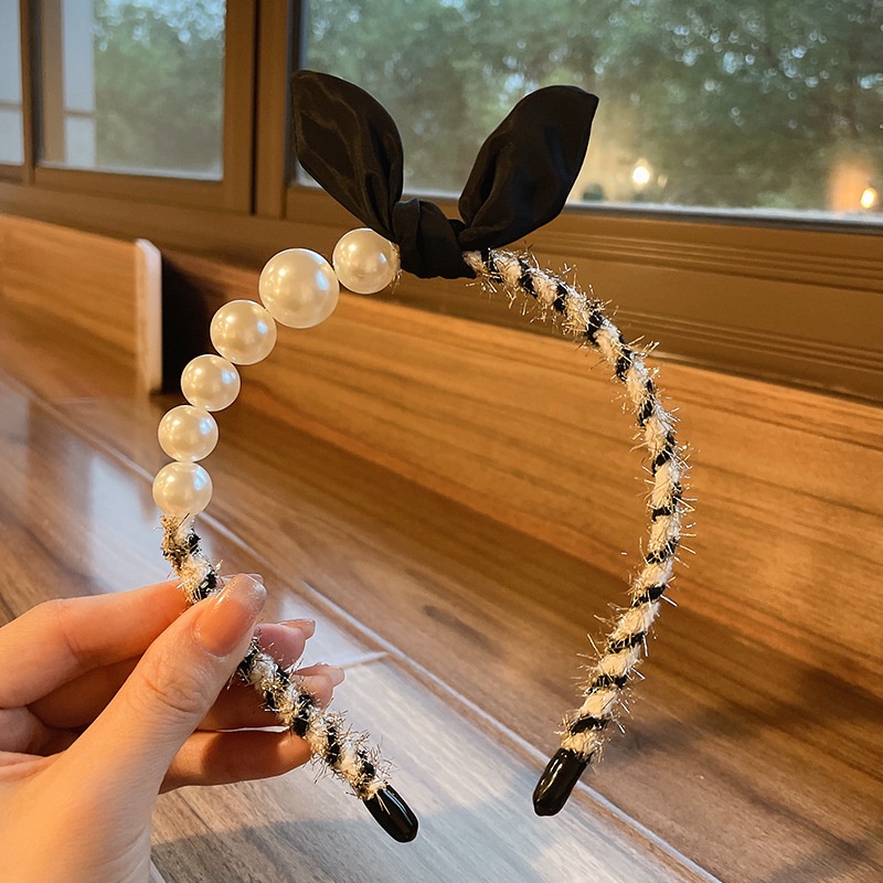 Băng đô cài tóc hình nơ đính ngọc trai phong cách retro