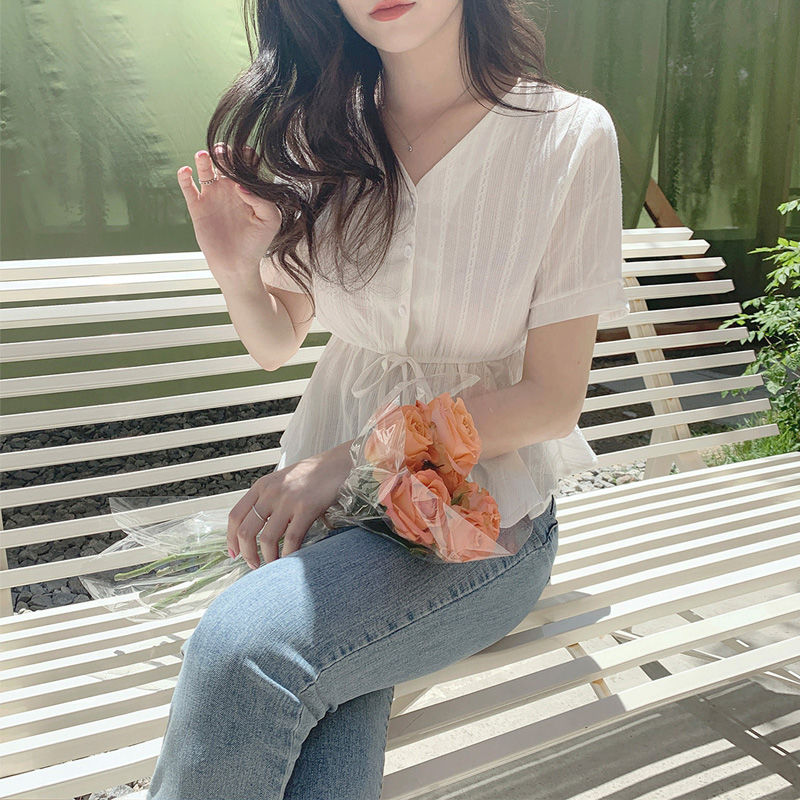 Áo peplum Ngắn Tay Cổ Chữ V Vải Cotton