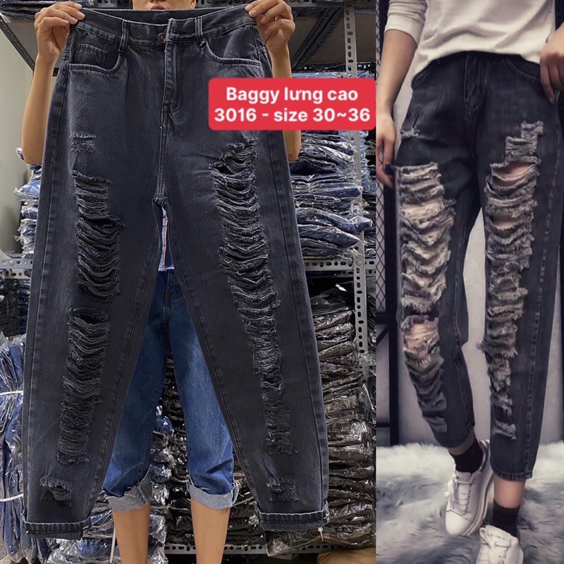 (Bigsize 30-36) Quần Baggy Xám Rách Te Tua, Dài 97cm, Lưng Cao Trên Rốn, Không Giãn