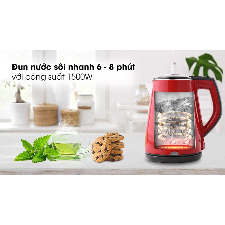 Ấm Đun Siêu Tốc Inox 304 2 lớp cách nhiệt Mishio MK259 1500W Bảo Hành Chính Hãng 12 Tháng