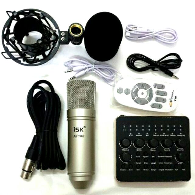 Combo trọn bộ livestream mic ISK AT-100 và sound card V10 bản quốc tế điều kiển từ xa