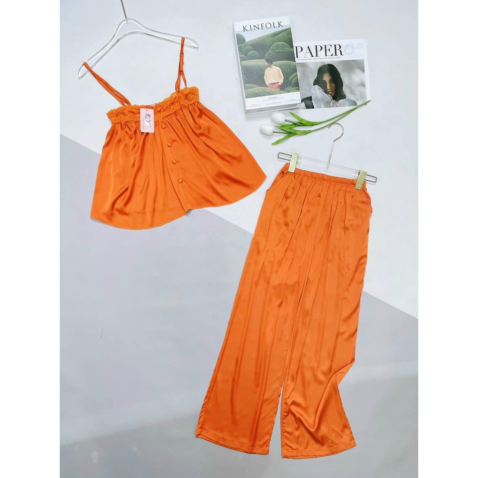 Đồ ngủ lụa, bộ ngủ 2 dây quần dài nút bọc ren ngang ngực [DN68]